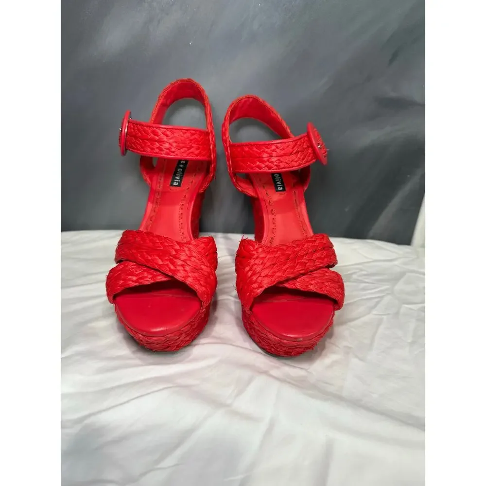 Alice + Olivia Josiey Bright Poppy Raffia Platform Wedge Sandals Summer 9.5